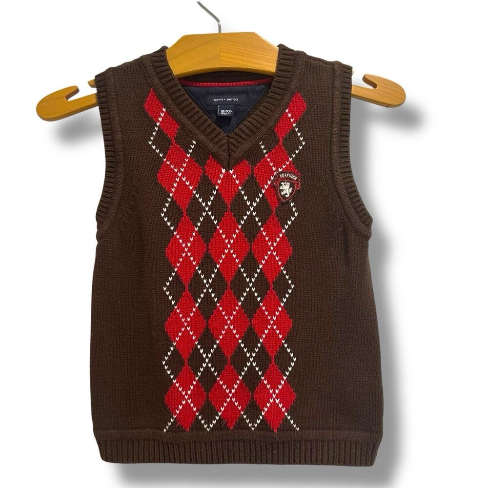 Vtg Tommy Hilfiger Sweater Vest Argyle Cotton Brown Crest Preppy Academia 18 mos